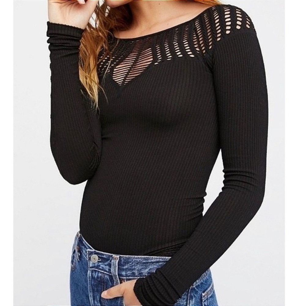 Intimately Free People Black Ribbed Off Shoulder Top Whimsigoth Size ~XS/S